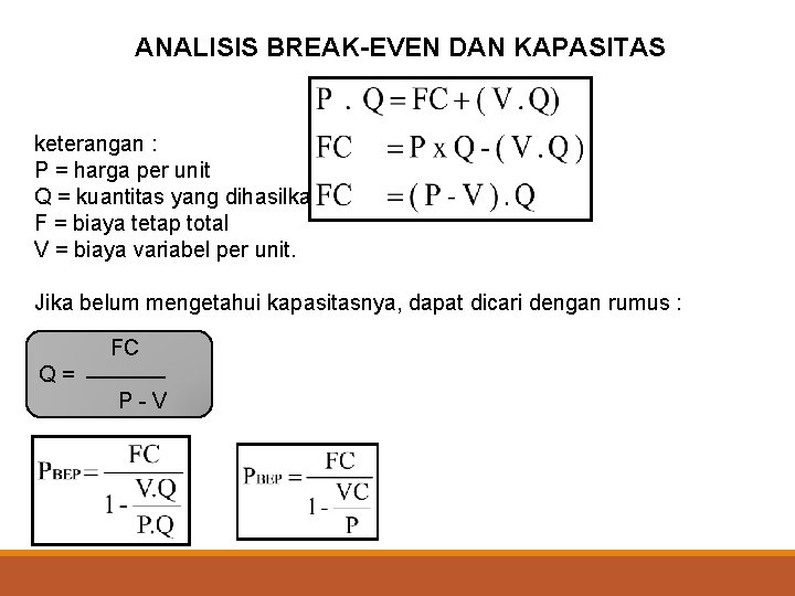 ANALISIS BREAK-EVEN DAN KAPASITAS keterangan : P = harga per unit Q = kuantitas