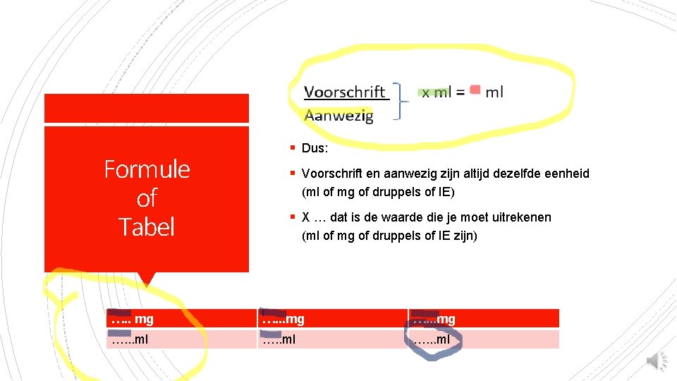 Formule of Tabel § Dus: § Voorschrift en aanwezig zijn altijd dezelfde eenheid (ml