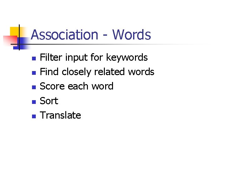 Association - Words n n n Filter input for keywords Find closely related words