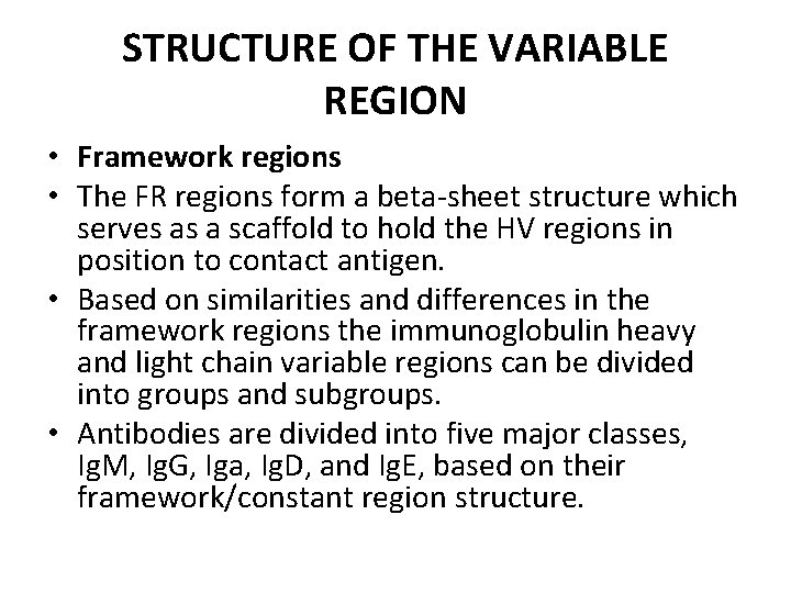 STRUCTURE OF THE VARIABLE REGION • Framework regions • The FR regions form a