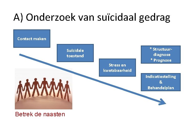 A) Onderzoek van suïcidaal gedrag Contact maken Suïcidale toestand Stress en kwetsbaarheid * Structuurdiagnose