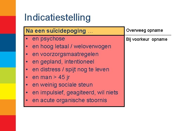 Indicatiestelling Na een suïcidepoging … • en psychose • en hoog letaal / weloverwogen