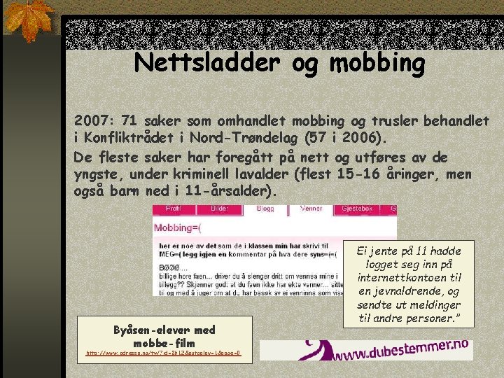 Nettsladder og mobbing 2007: 71 saker som omhandlet mobbing og trusler behandlet i Konfliktrådet