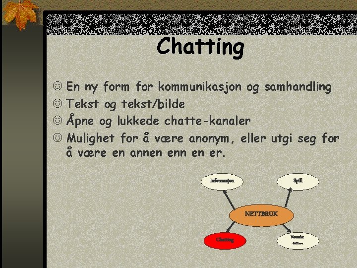 Chatting J En ny form for kommunikasjon og samhandling J Tekst og tekst/bilde J