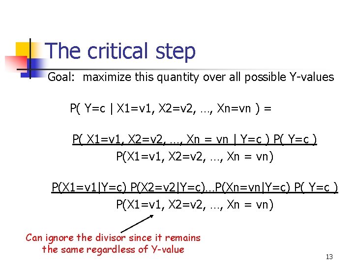 The critical step Goal: maximize this quantity over all possible Y-values P( Y=c |