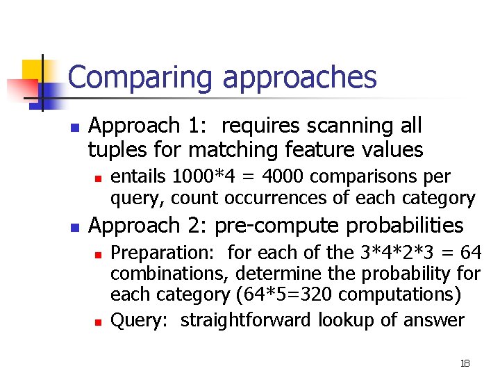 Comparing approaches n Approach 1: requires scanning all tuples for matching feature values n