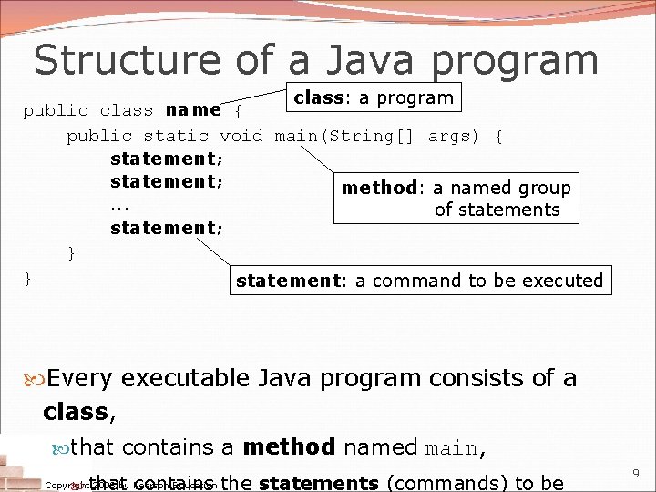 Structure of a Java program class: a program public class name { public static