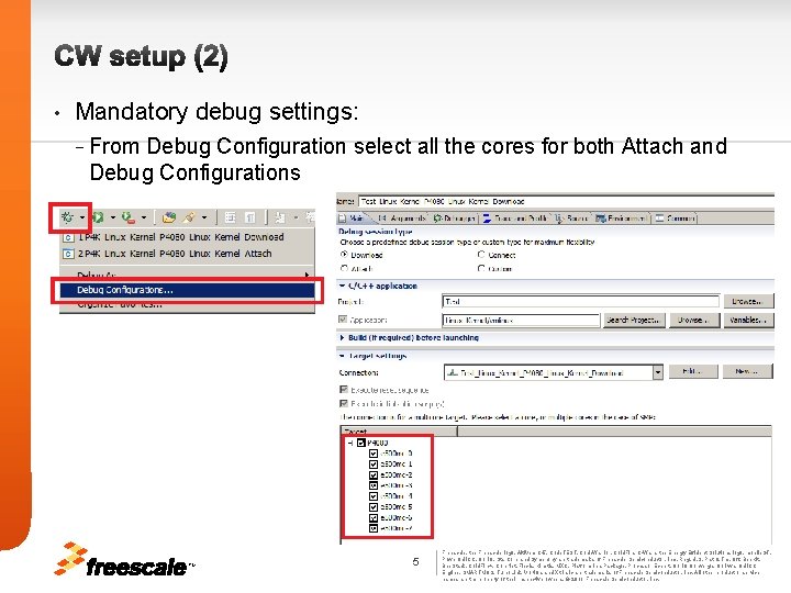 CW setup (2) • Mandatory debug settings: − From Debug Configuration select all the