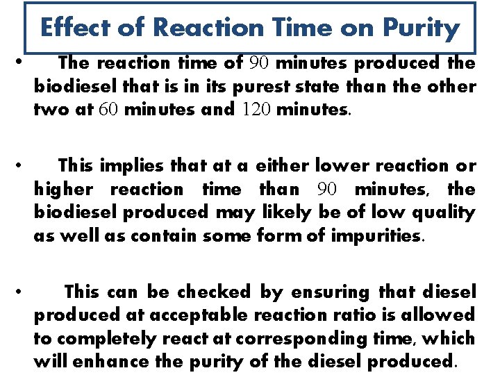 Effect of Reaction Time on Purity • The reaction time of 90 minutes produced