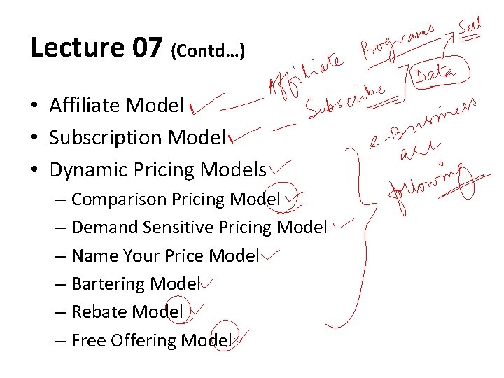 Lecture 07 (Contd…) • Affiliate Model • Subscription Model • Dynamic Pricing Models –