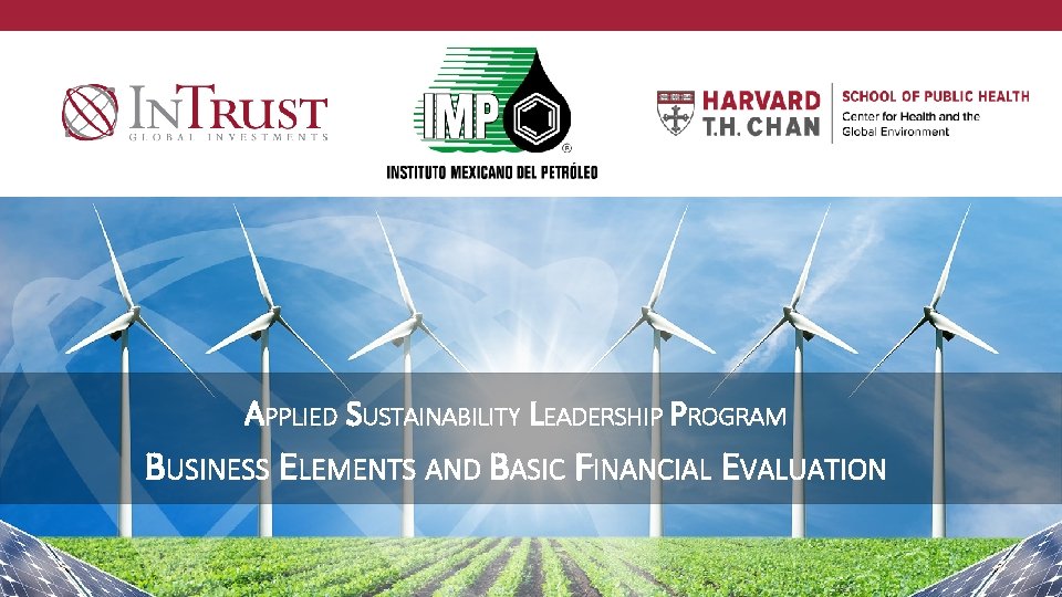 APPLIED SUSTAINABILITY LEADERSHIP PROGRAM BUSINESS ELEMENTS AND BASIC FINANCIAL EVALUATION 