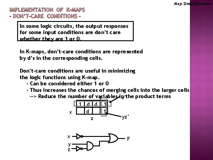 Map Simplification In some logic circuits, the output responses for some input conditions are