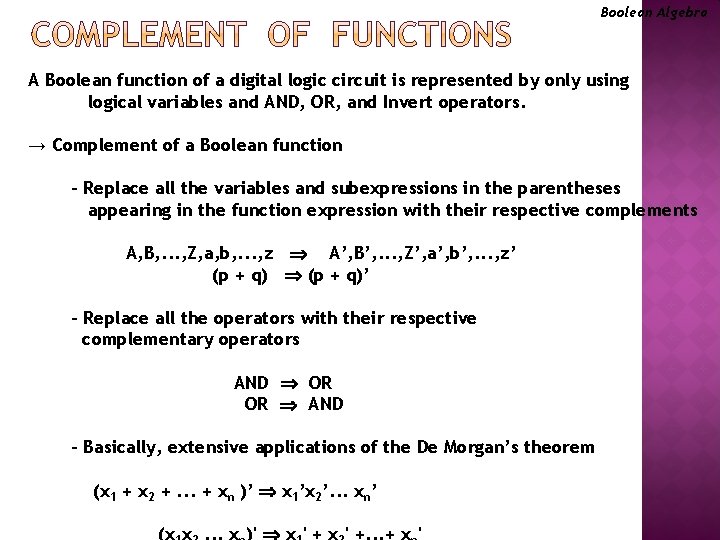 Boolean Algebra A Boolean function of a digital logic circuit is represented by only