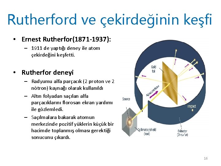 Rutherford ve çekirdeğinin keşfi • Ernest Rutherfor(1871 -1937): – 1911 de yaptığı deney ile