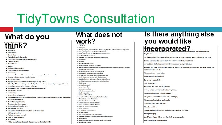 Tidy. Towns Consultation What do you think? What does not work? Is there anything