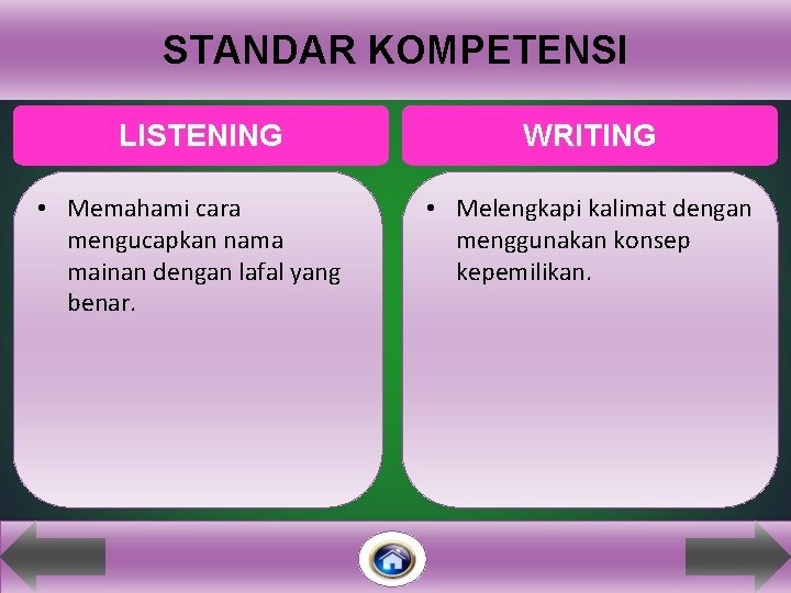 STANDAR KOMPETENSI LISTENING • Memahami cara mengucapkan nama mainan dengan lafal yang benar. WRITING