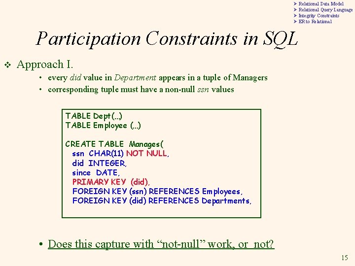 Ø Relational Data Model Ø Relational Query Language Ø Integrity Constraints Ø ER to
