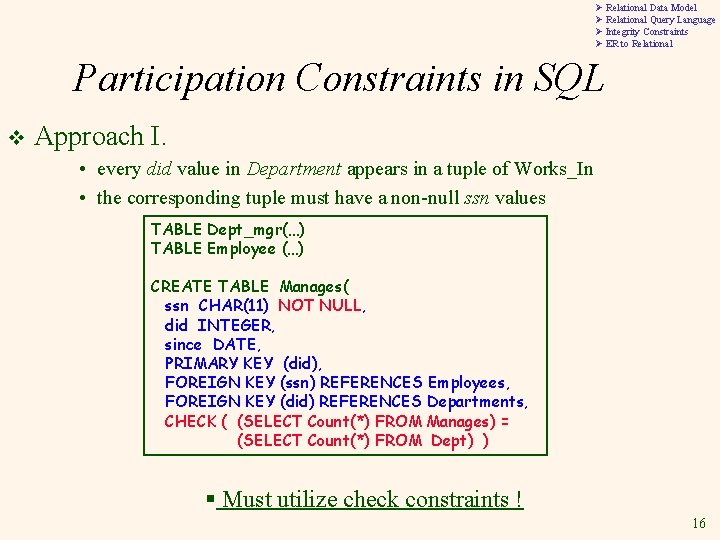 Ø Relational Data Model Ø Relational Query Language Ø Integrity Constraints Ø ER to