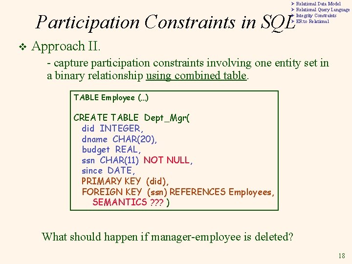 Ø Relational Data Model Ø Relational Query Language Ø Integrity Constraints Ø ER to