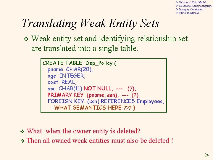 Ø Relational Data Model Ø Relational Query Language Ø Integrity Constraints Ø ER to