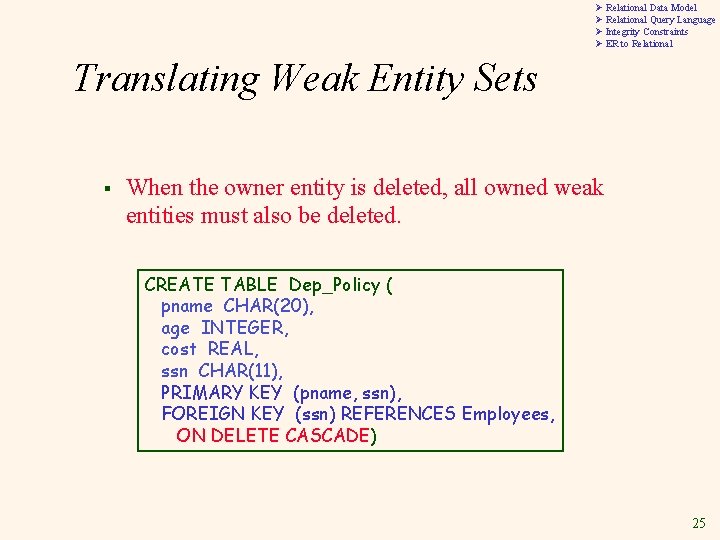 Ø Relational Data Model Ø Relational Query Language Ø Integrity Constraints Ø ER to