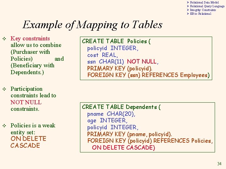 Ø Relational Data Model Ø Relational Query Language Ø Integrity Constraints Ø ER to