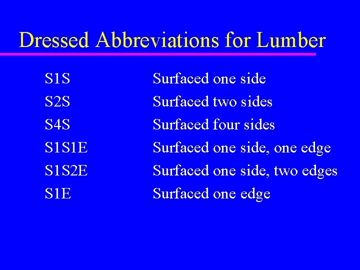 Dressed Abbreviations for Lumber S 1 S S 2 S S 4 S S