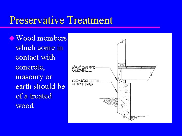 Preservative Treatment u Wood members which come in contact with concrete, masonry or earth