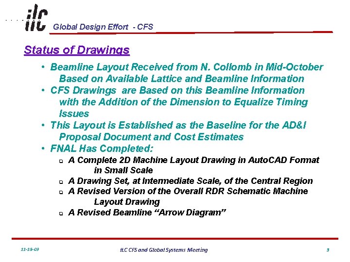 Global Design Effort - CFS Status of Drawings • Beamline Layout Received from N.