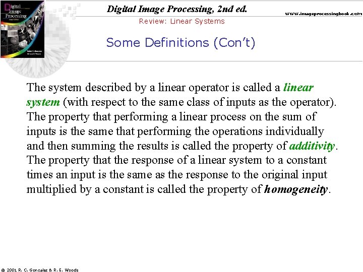 Digital Image Processing, 2 nd ed. www. imageprocessingbook. com Review: Linear Systems Some Definitions