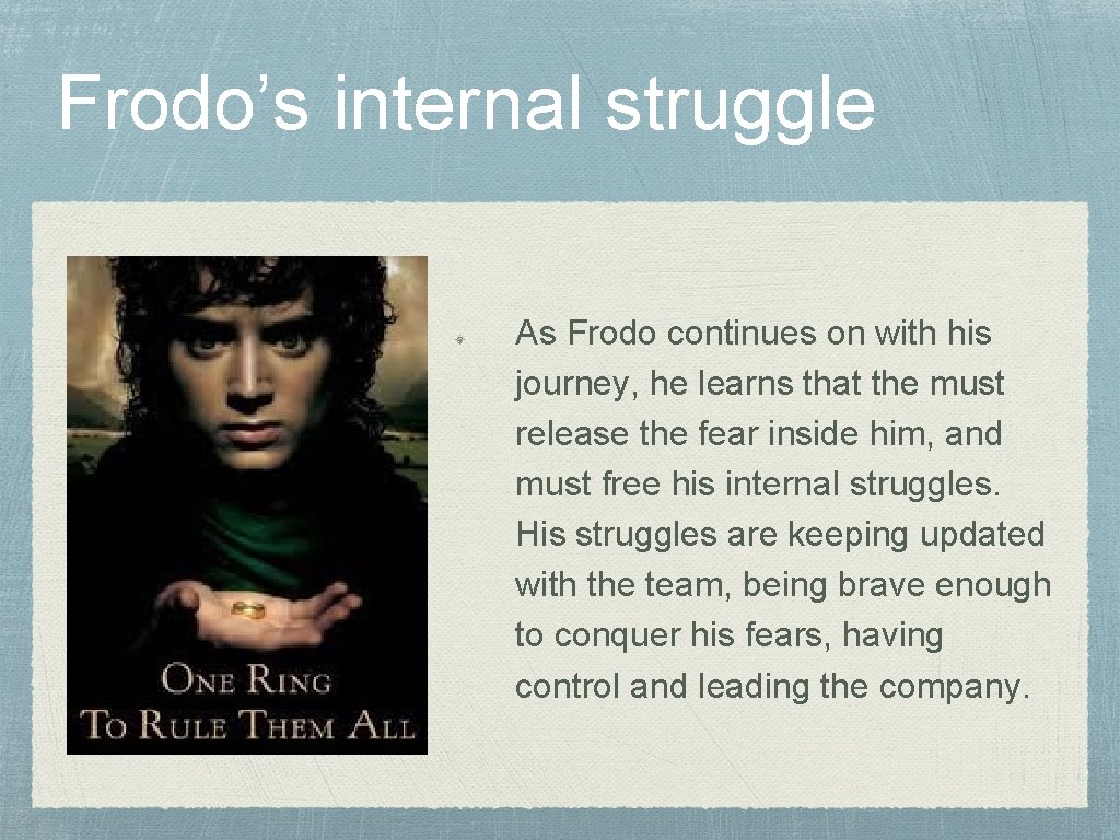 Frodo’s internal struggle As Frodo continues on with his journey, he learns that the