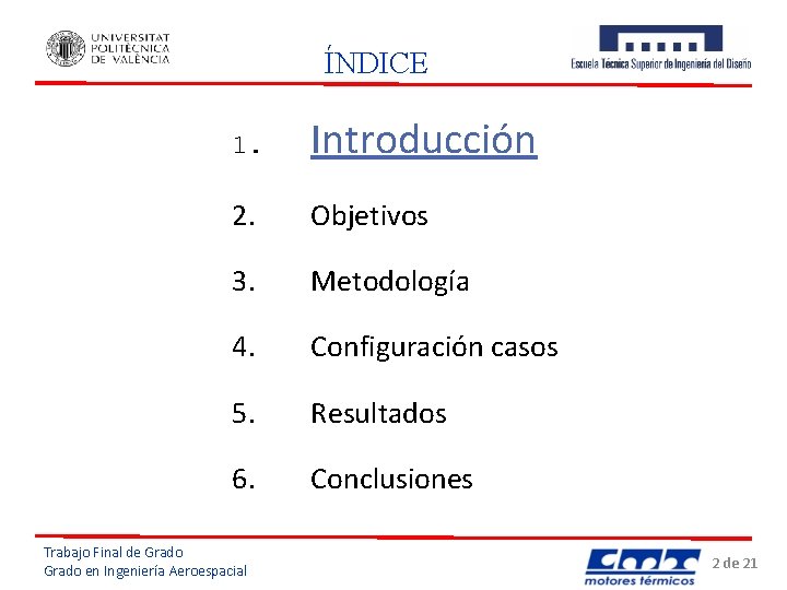 ÍNDICE 1. Introducción 2. Objetivos 3. Metodología 4. Configuración casos 5. Resultados 6. Conclusiones