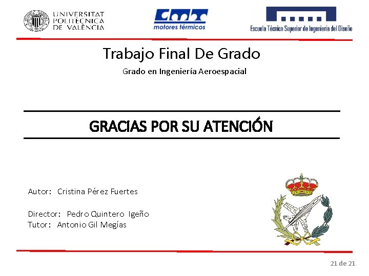 Trabajo Final De Grado en Ingeniería Aeroespacial GRACIAS POR SU ATENCIÓN Autor: Cristina Pérez