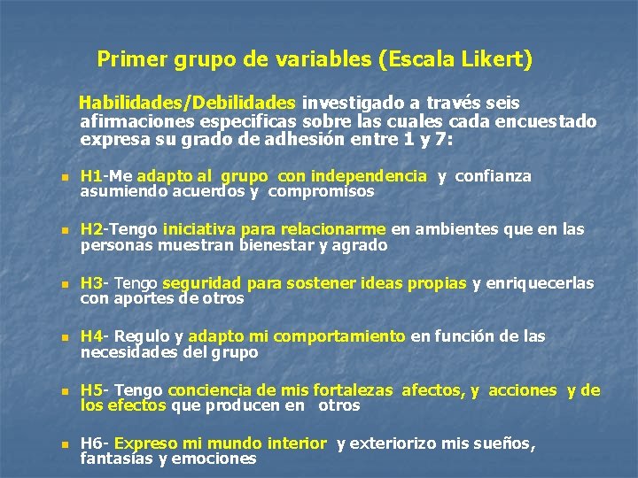 Primer grupo de variables (Escala Likert) Habilidades/Debilidades investigado a través seis afirmaciones especificas sobre