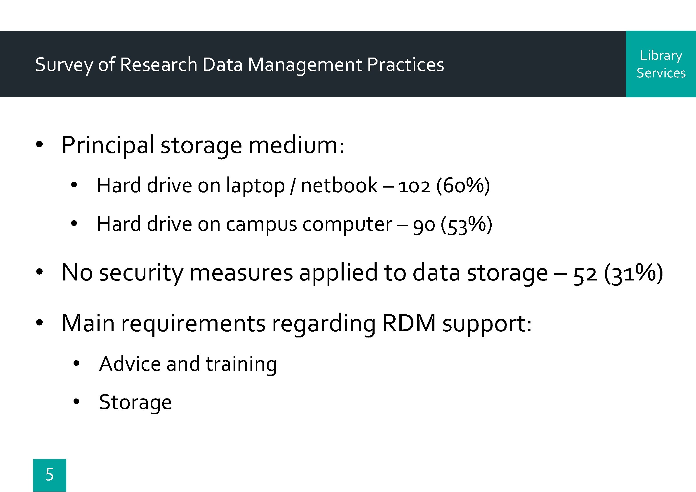 Survey of Research Data Management Practices Library Services • Principal storage medium: • Hard