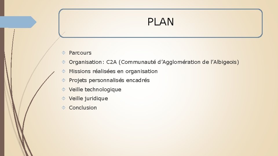 PLAN Parcours Organisation: C 2 A (Communauté d’Agglomération de l’Albigeois) Missions réalisées en organisation PLAN Parcours Organisation: C 2 A (Communauté d’Agglomération de l’Albigeois) Missions réalisées en organisation