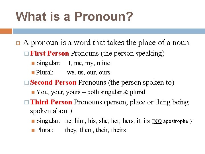 What is a Pronoun? A pronoun is a word that takes the place of