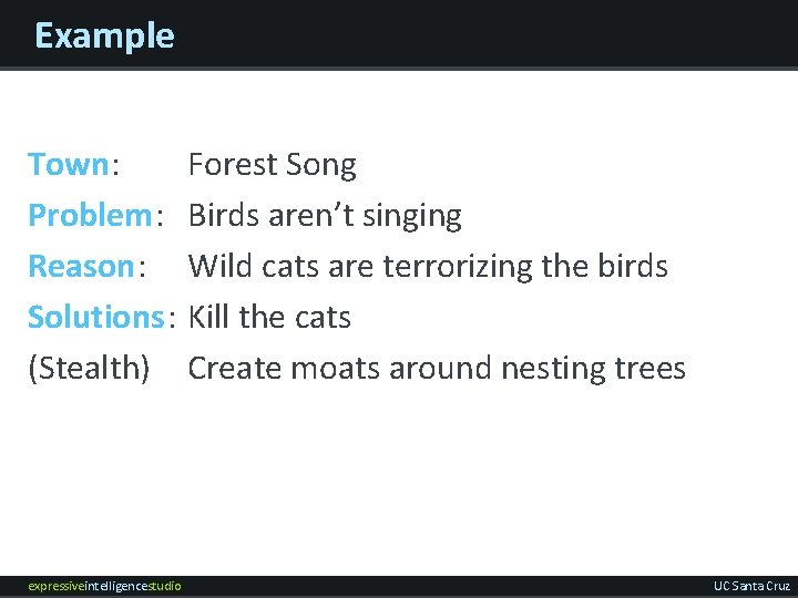 Example Town: Problem: Reason: Solutions: (Stealth) expressiveintelligencestudio Forest Song Birds aren’t singing Wild cats