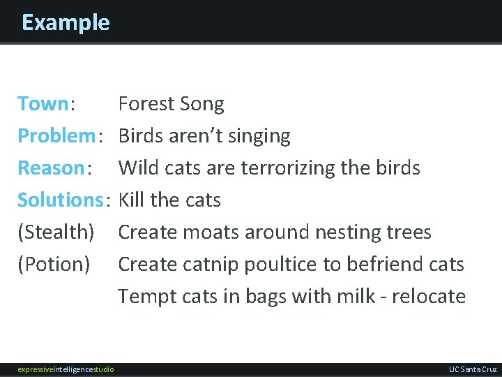 Example Town: Problem: Reason: Solutions: (Stealth) (Potion) expressiveintelligencestudio Forest Song Birds aren’t singing Wild