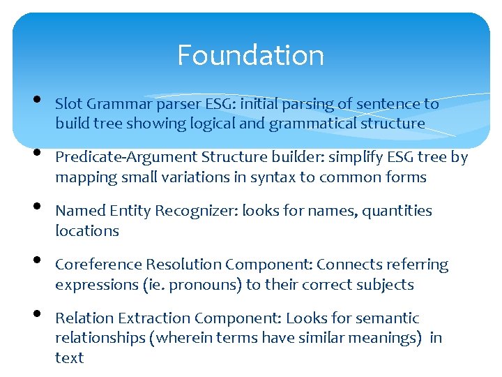 Foundation • • • Slot Grammar parser ESG: initial parsing of sentence to build