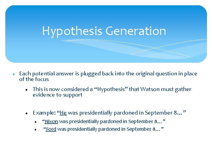 Hypothesis Generation Each potential answer is plugged back into the original question in place