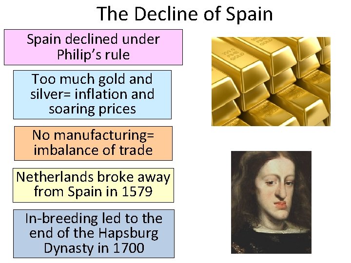 The Decline of Spain declined under Philip’s rule Too much gold and silver= inflation