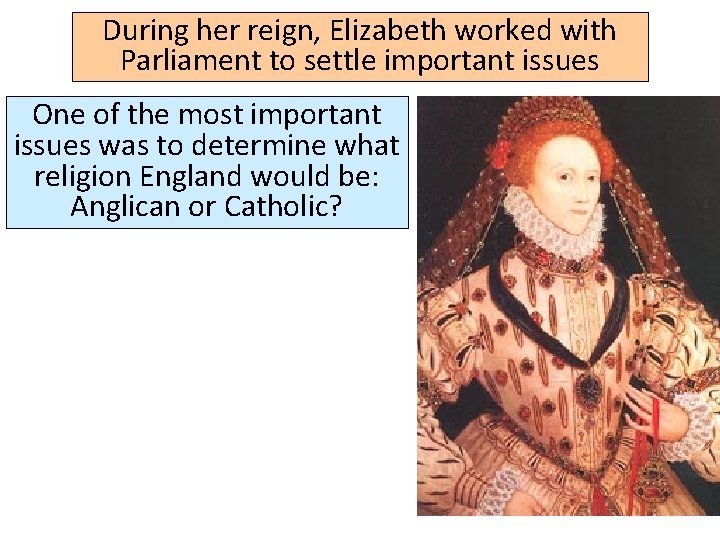 During her reign, Elizabeth worked with Parliament to settle important issues One of the