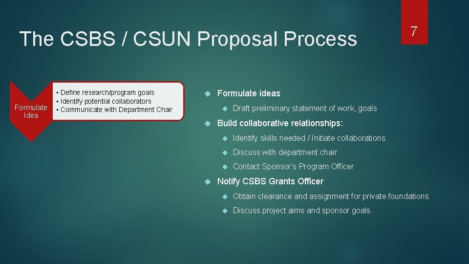 The CSBS / CSUN Proposal Process Formulate Idea • Define research/program goals • Identify