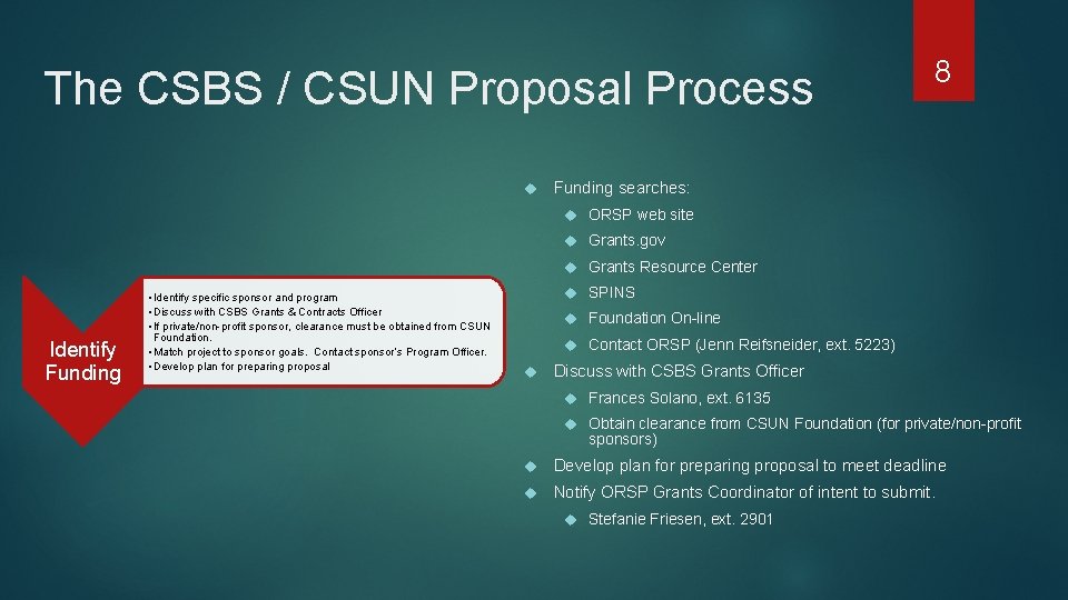 The CSBS / CSUN Proposal Process 8 Funding searches: ORSP web site Grants. gov