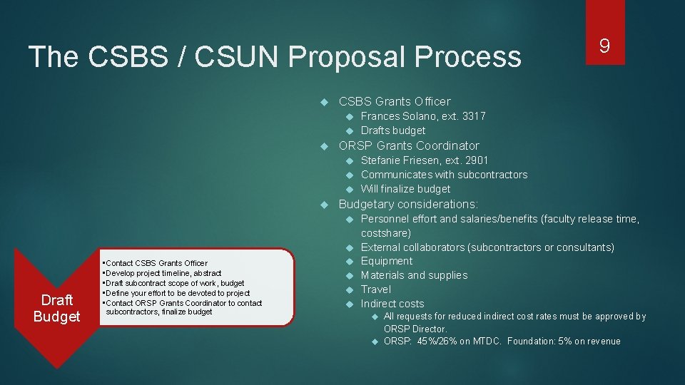 The CSBS / CSUN Proposal Process 9 CSBS Grants Officer Frances Solano, ext. 3317