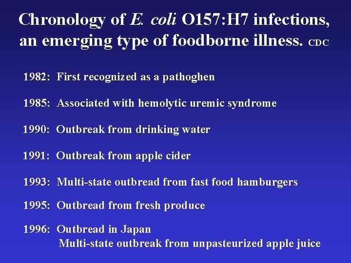 Chronology of E. coli O 157: H 7 infections, an emerging type of foodborne