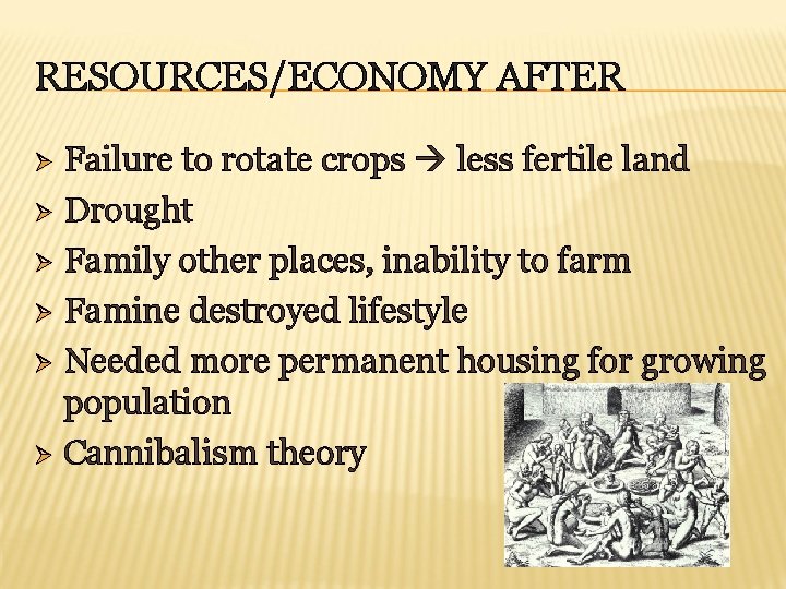 RESOURCES/ECONOMY AFTER Failure to rotate crops less fertile land Ø Drought Ø Family other