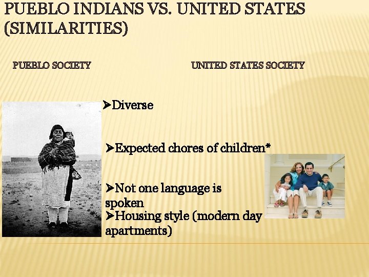 PUEBLO INDIANS VS. UNITED STATES (SIMILARITIES) PUEBLO SOCIETY UNITED STATES SOCIETY ØDiverse ØExpected chores