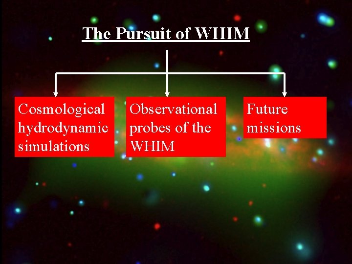 The Pursuit of WHIM Cosmological hydrodynamic simulations Observational probes of the WHIM Future missions
